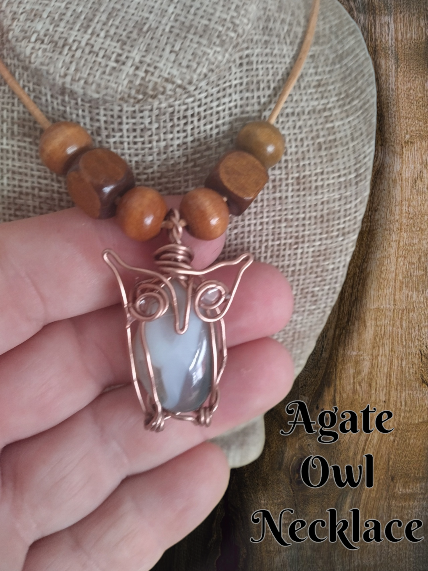 Agate owl wired wrapped necklace.