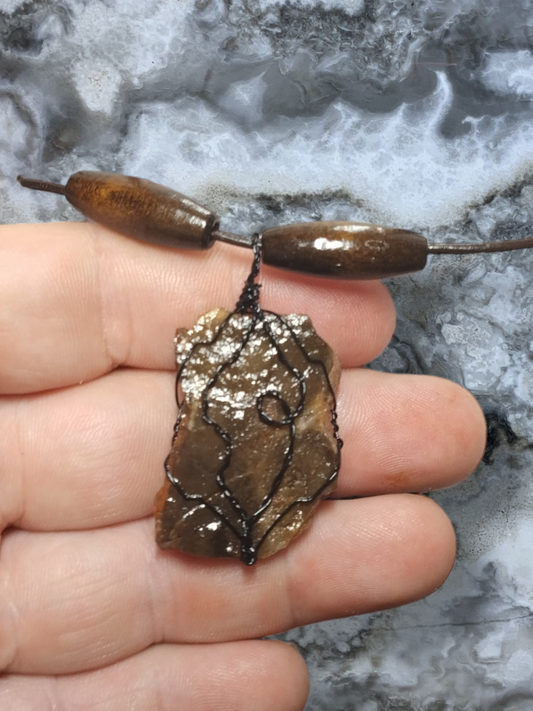 Wired wrapped Petrified wood pendant on an adjustable leather cord necklace.