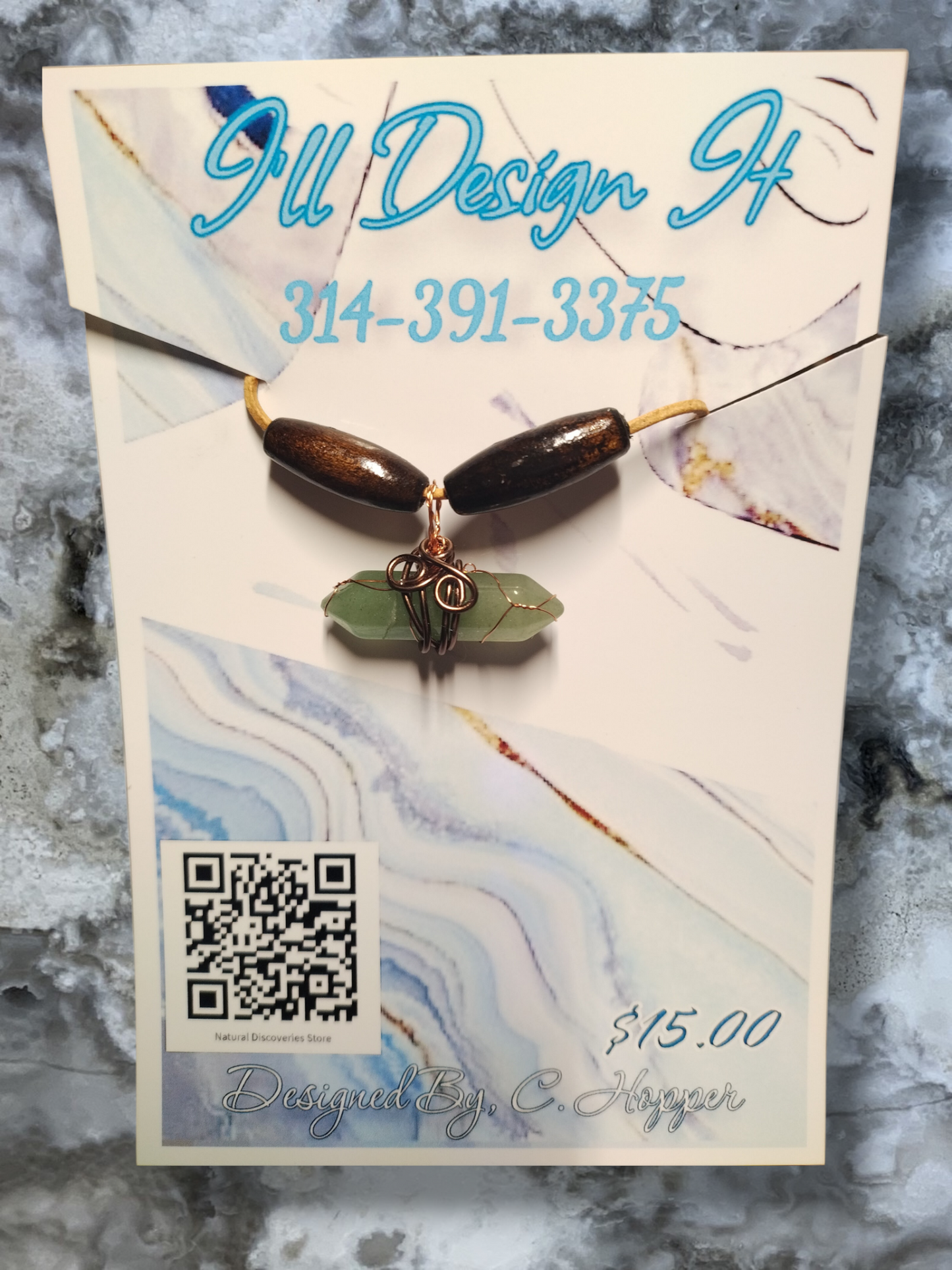 Hand wrapped pendant on an adjustable leather cord necklace