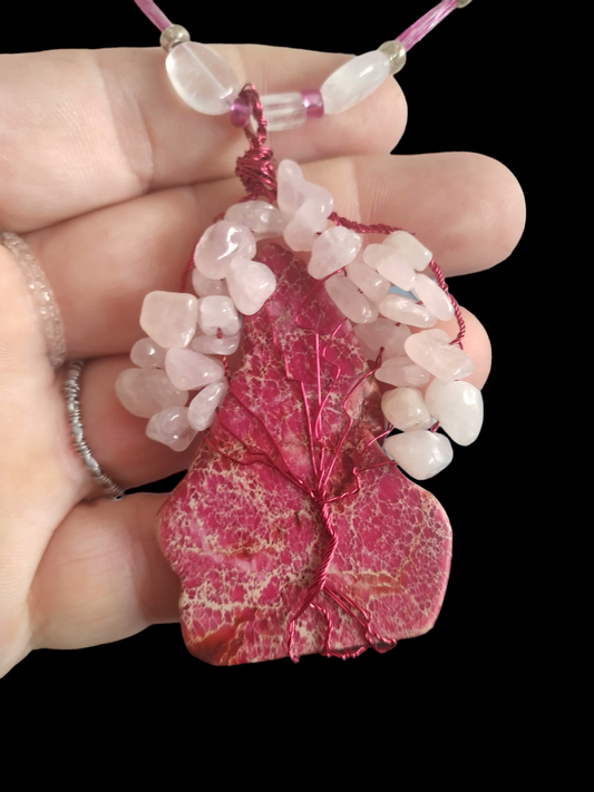 White howlite and rose quartz tree of life necklace