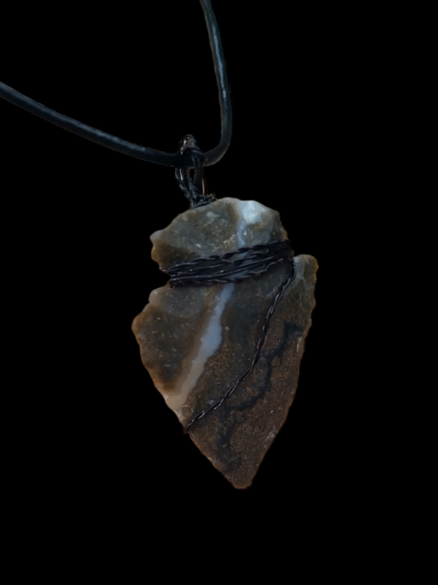 Hand wired wrapped agate head arrowhead necklace with adjustable leather cord necklace.