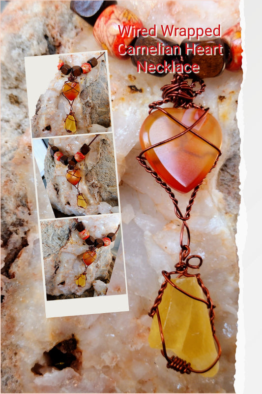 Necklace with hand wired carnelian heart pendant.