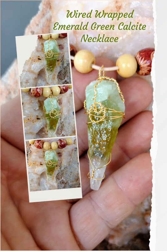 Hand wire wrap necklace with green calcite pendant.