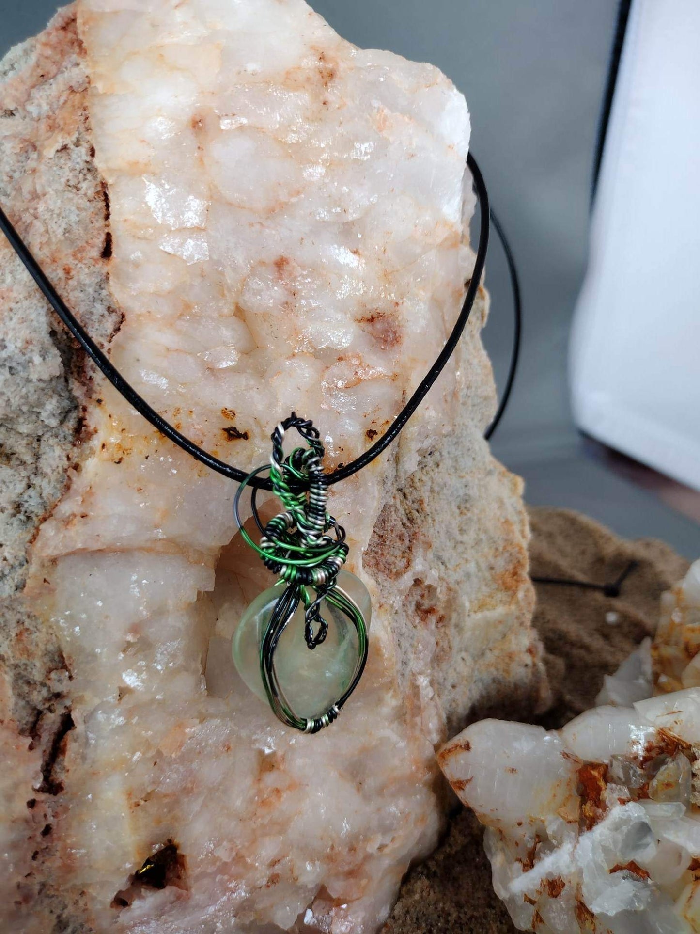 Handwd wired wrapped Green Fluorite necklace.