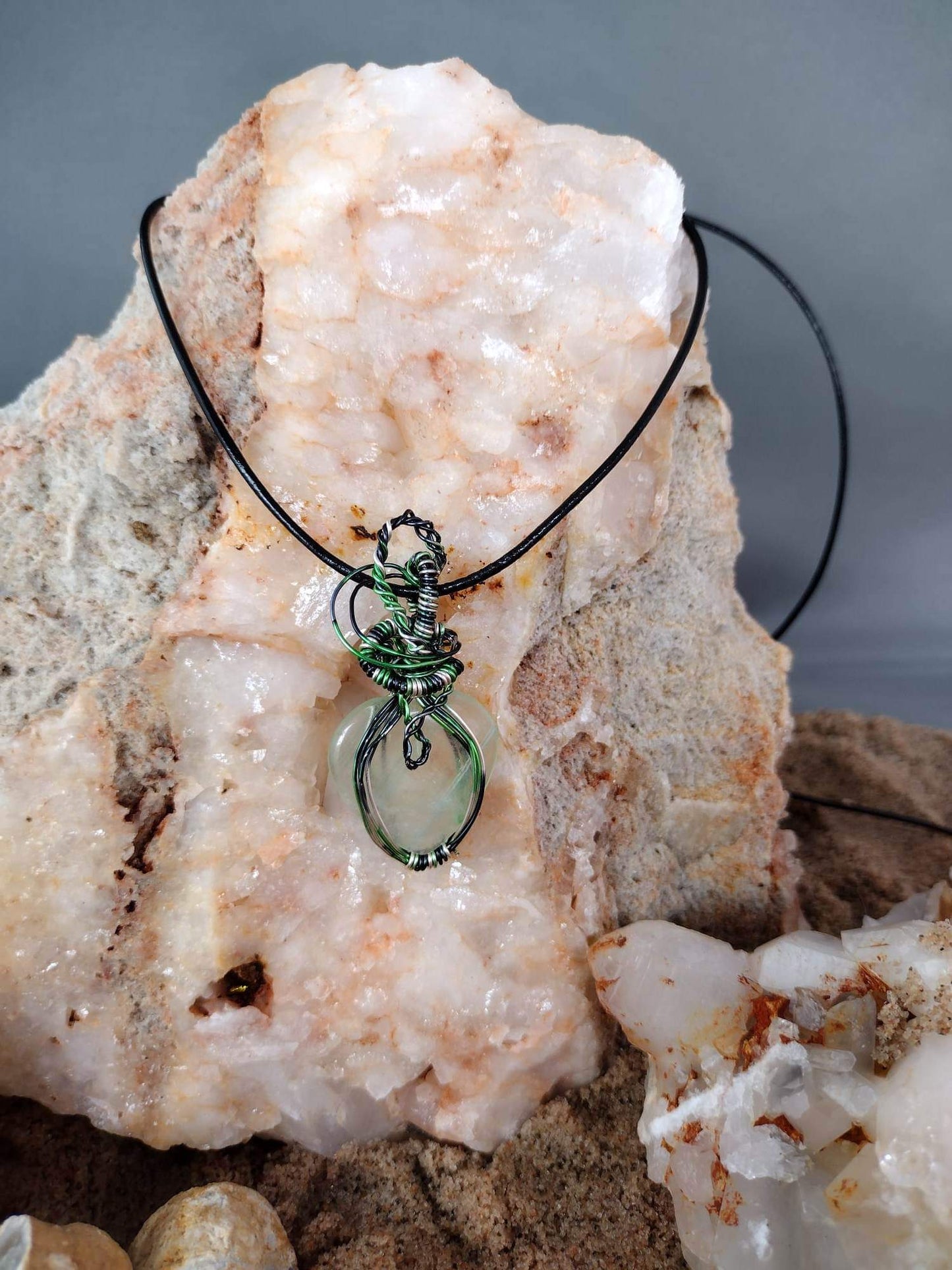 Handwd wired wrapped Green Fluorite necklace.